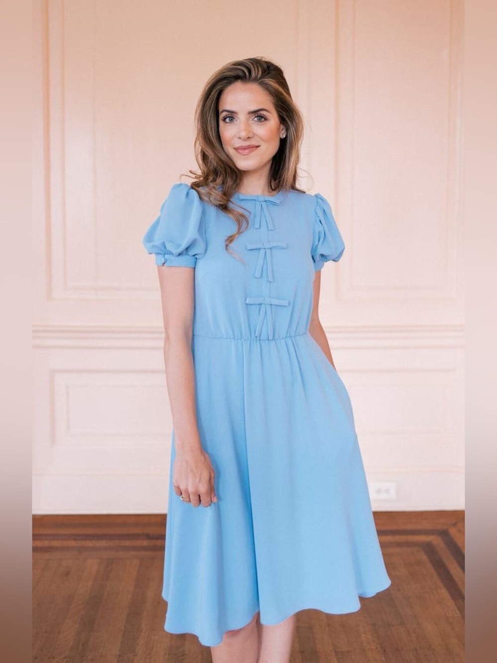 Gal Meets Glam Ellie Crepe Puff Sleeve Dress Bows Size 14 Blue Pastel